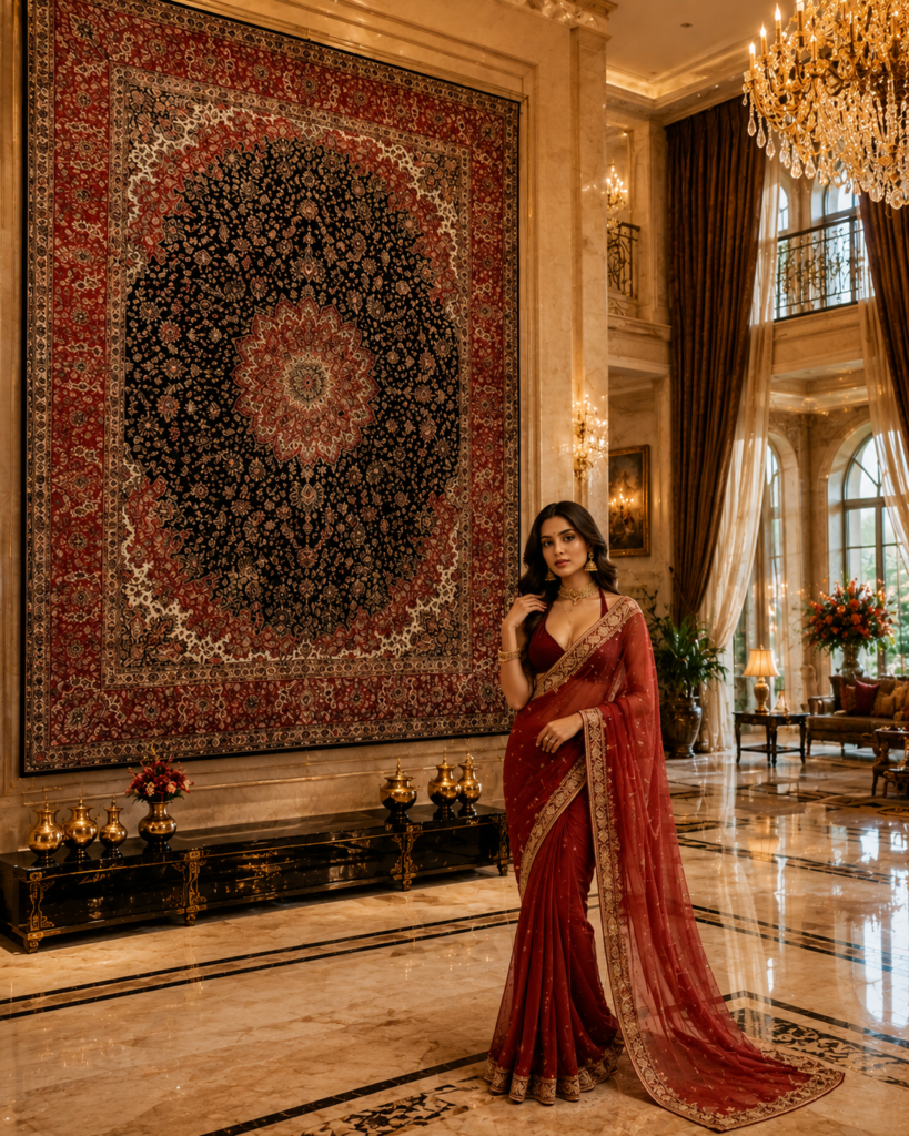a Beautiful lady posing on a persian Carpet